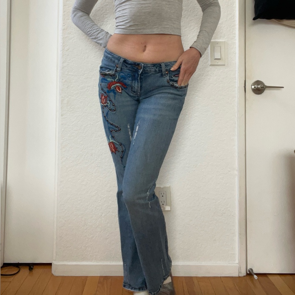 Bubblegum Blue Jeans with Floral Embroidery